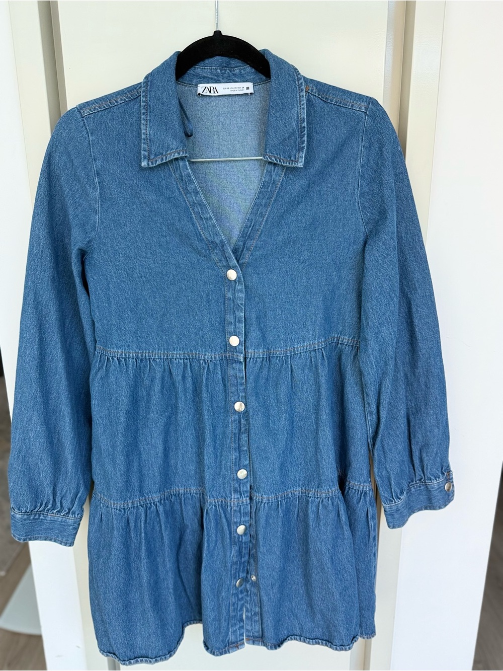 Zara Denim Button-Front Tiered Blue Dress with Long Sleeves